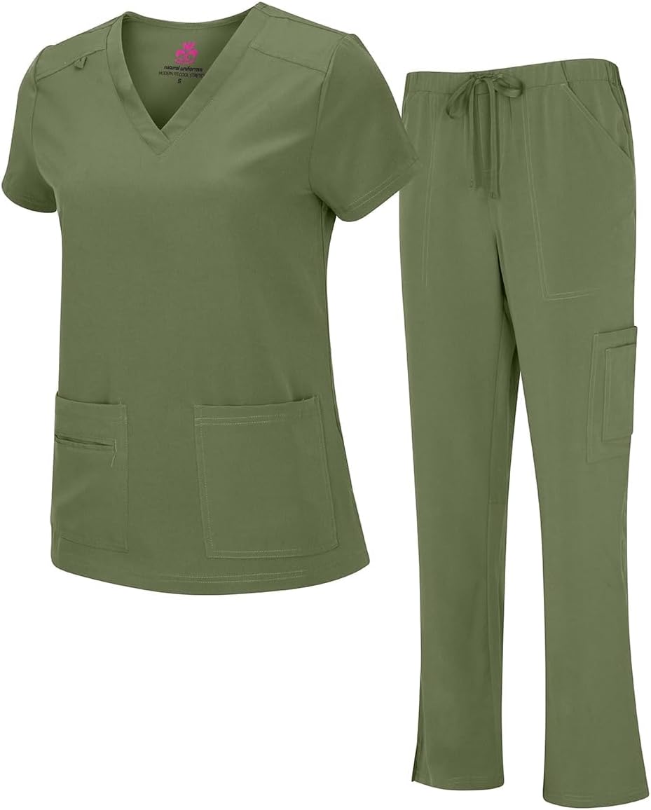 Natural Uniforms Women's Cool Stretch V-Neck Top and Cargo Pant Scrub Set with Regular and Petite Sizes