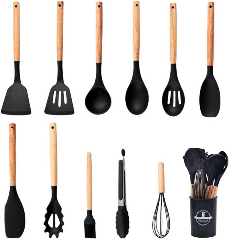Kitchen Utensil Set 12 PCS, Silicone Cooking Utensils with Holder, Resistant Wooden Handle Cookware Tongs Spatula Spoon Set, Non Stick & Heat Resistant, Dishwasher Safe