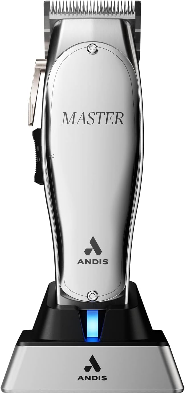 Andis 12660 Professional Master Corded/Cordless Hair Clipper, Adjustable Carbon Steel Blade Hair Clipper for Close Cutting, Silver