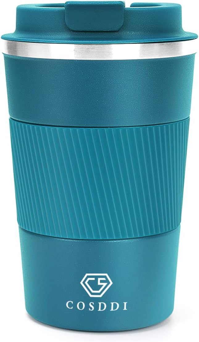 CS COSDDI Travel Mugs, Insulated Coffee Cup with Leakproof Lid - Reusable Cups Car Stainless Steel Thermal Mug for Hot and Cold Water Tea (Blue-A, 380 ml)