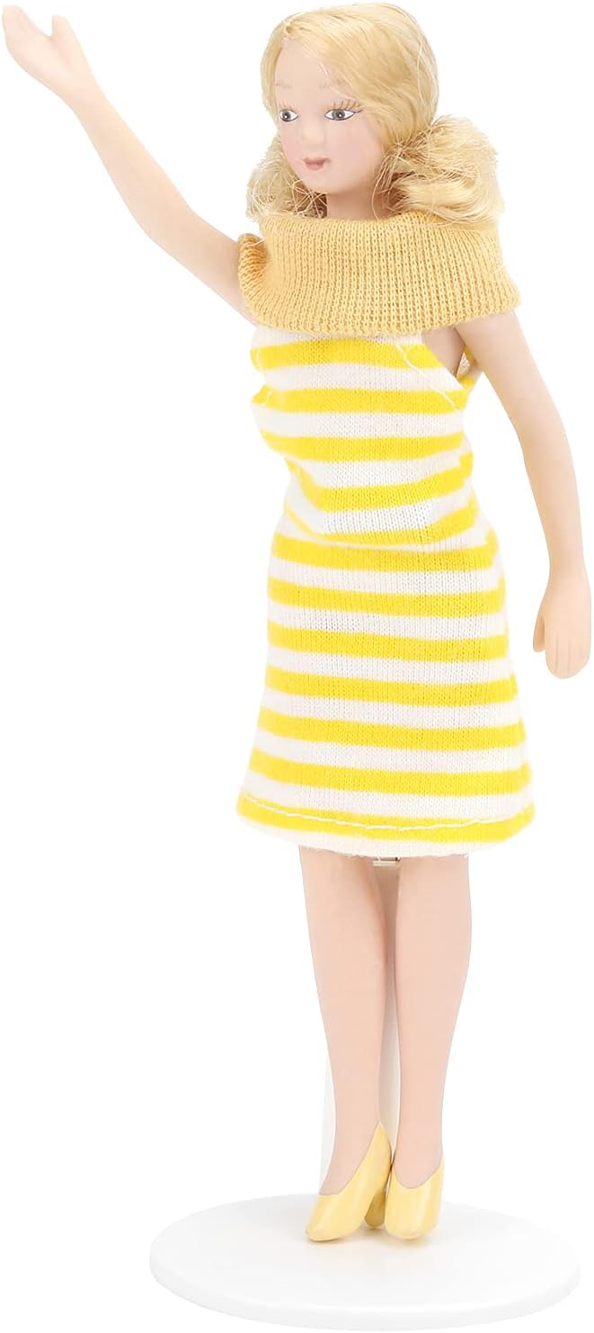 Dollhouse Girl, 1:12 Scale Miniature Porcelain Blonde Hair Dollhouse Woman in Yellow Dress Decorations