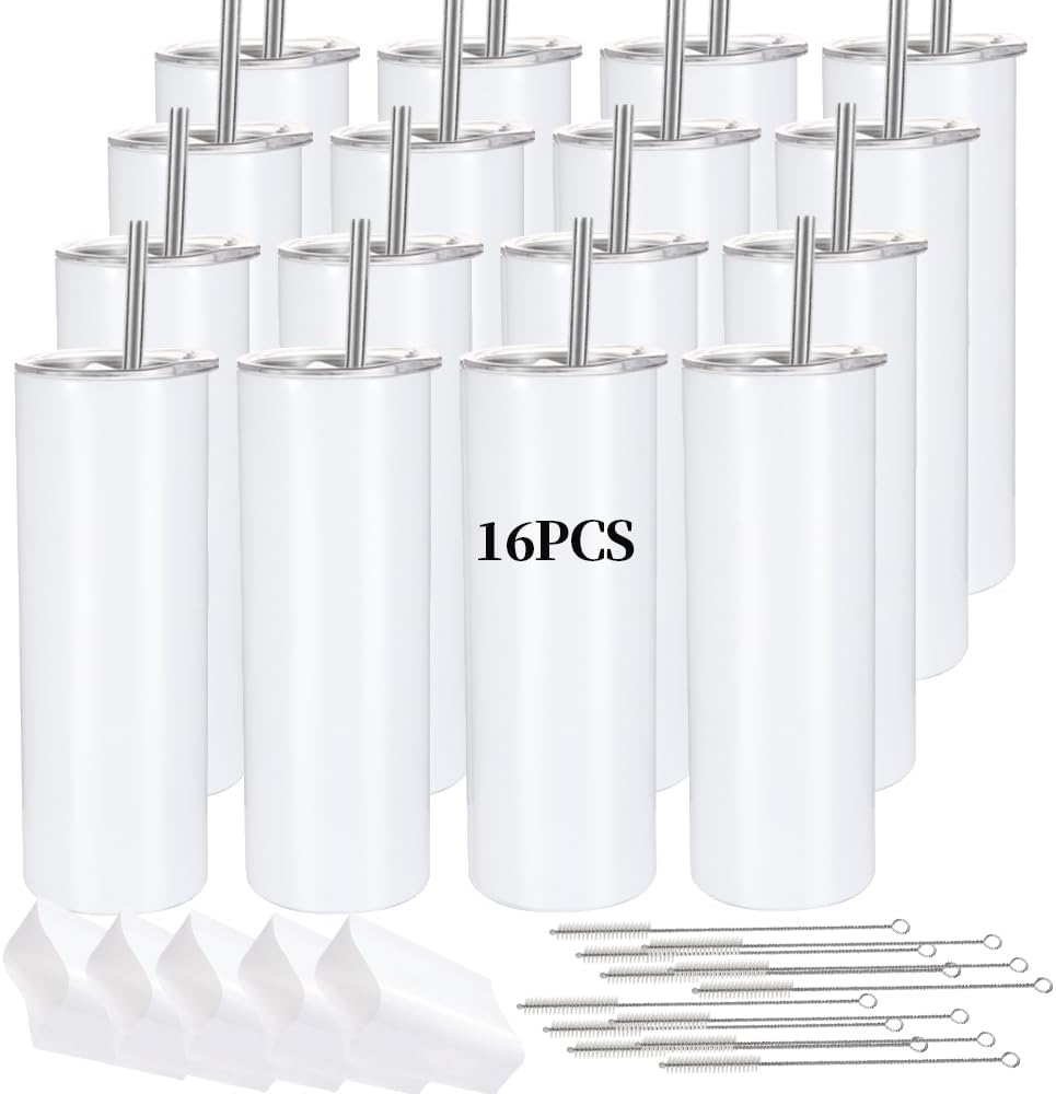 16 Pack Sublimation Tumblers Straight Skinny Tumbler Blanks Bulk 20oz for Heat Transfer, Individual Gift Boxed, Double Wall Insulated Tumbler with Shrink Wrap & Straws