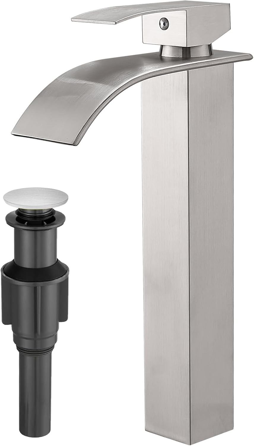 RUMOSE Tall Brushed Nickel Bathroom Faucet with Pop Up Drain Modern Single Handle One Hole Bathroom Vessel Sink Faucet Waterfall Spout Rv Lavatory Vanity Faucet Deck Mount Mixer Tap, Stainless Steel