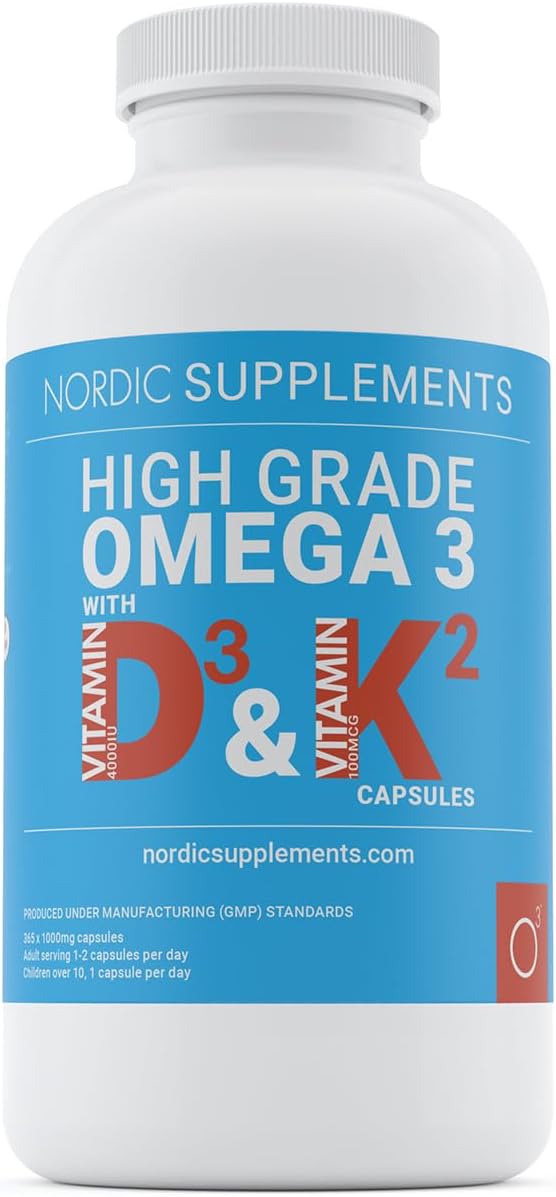 Nordic Supplements Omega 3 Fish Oil 1000mg with Vitamin D 4000iu and K2 100ug - 365 Capsules