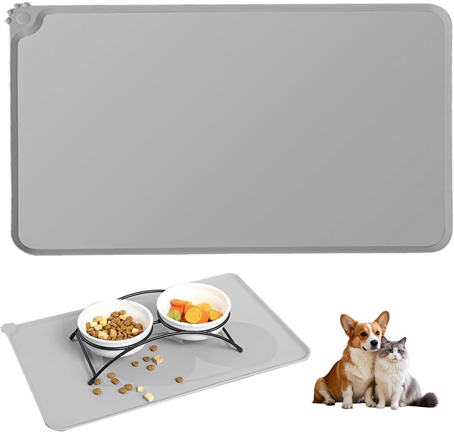 Cat and Dog Feeding Mat, Non-Slip Cat Food Mat - Waterproof Silicone Pet Feeding Mat for Cats and Dogs, Large 48x30cm, Durable Pet Placemat for Food and Water Bowls, Easy to Clean, Non-Toxic, Gray