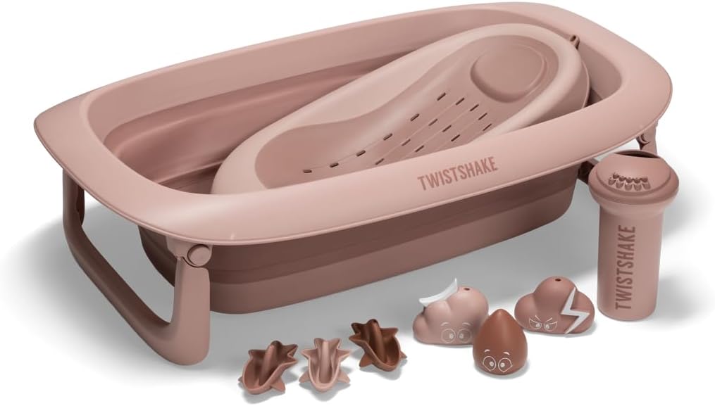 Twistshake Baby Bath V2 Set | Foldable Bath with Bath Pillow & Rinser | 30L Capacity | BPA Free | 0-4 Years | Rose Délavé
