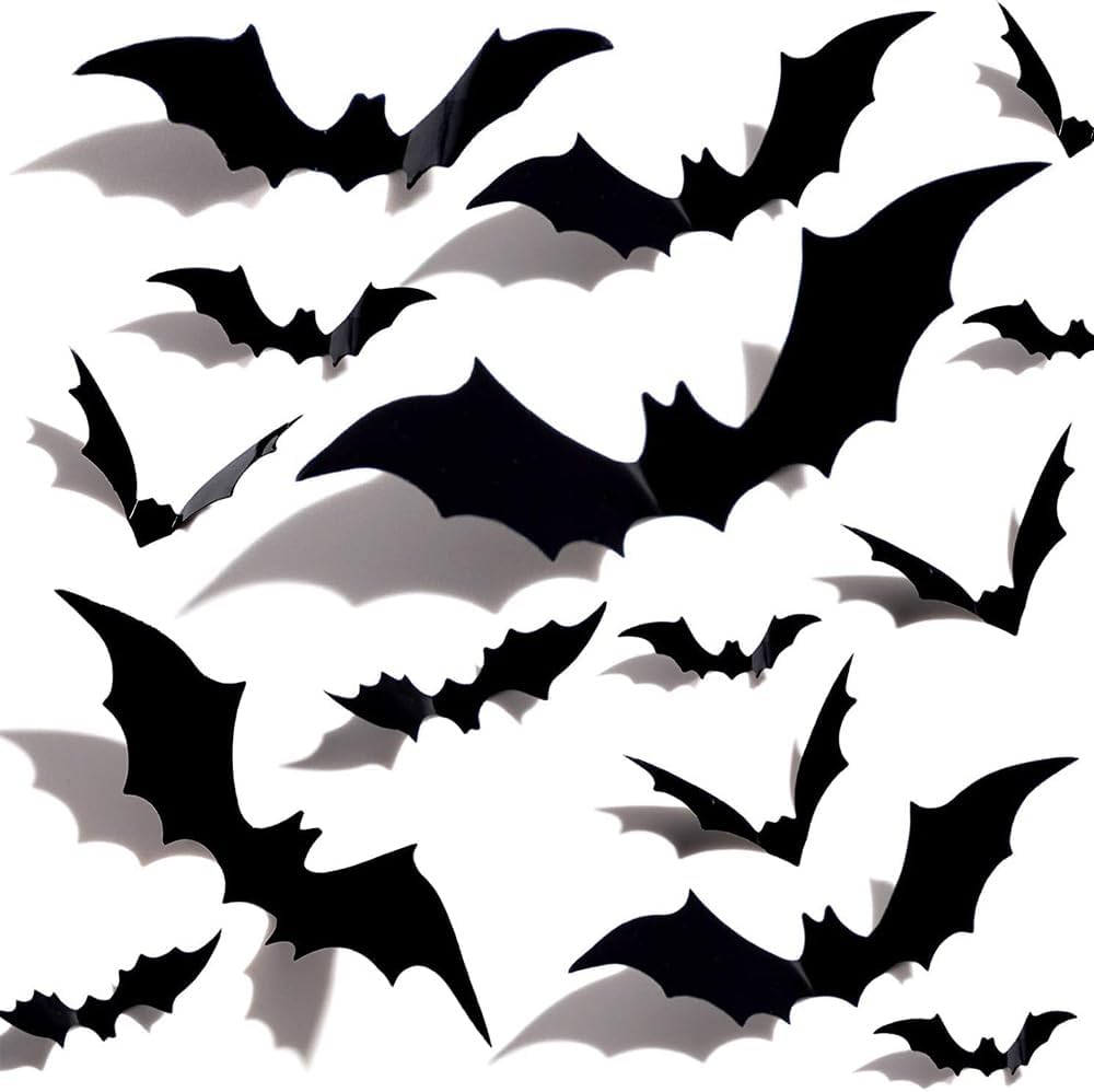 FENGSHENG-SHOP Halloween Bats Decorations, 48Pcs Black PVC Bats 3D Wall Sticker 4 Sizes Halloween Scary Bats for Home Window, Party, Room Decor, Halloween Party Supplies