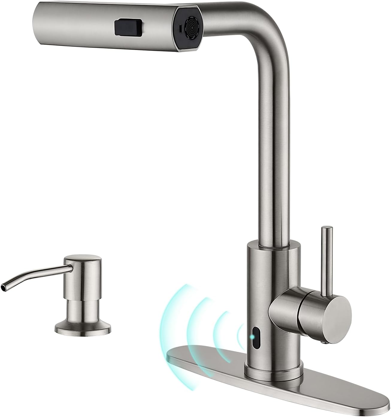 AVSIILE Brushed Nickel Touchless Kitchen Faucets with Pull Down Sprayer & Soap Dispenser, Single Hole & Handle, Pull Out Tap, Waterfall Stainless Steel Sink Faucet for Farmhouse Camper Laundry Rv Bar