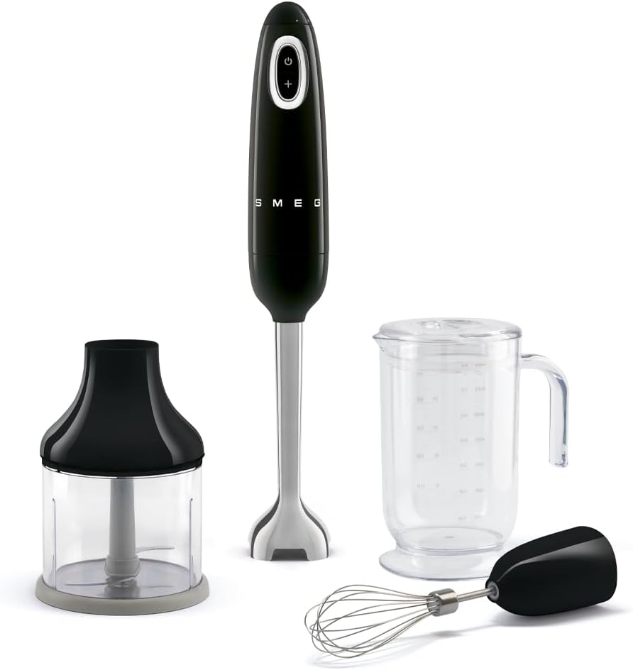 SMEG Handheld Immersion Blender with Beaker, Chopping Bowl w/Lid, Wire Whisk, 5 Speed Controls, made with Stainless Steel Blades and Ergonomic Design (Black)