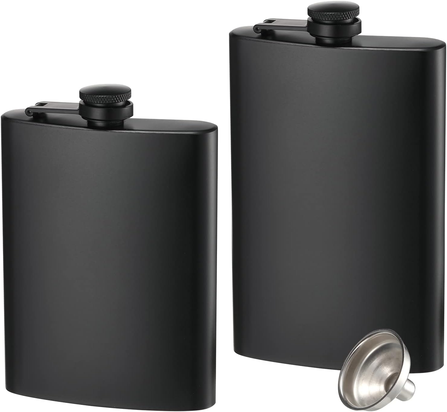 2 Pack Hip Flasks for Liquor, 8 Oz & 12 Oz Stainless Steel Leakproof Thin Flasks with Funnel for Men & Women (Matte Black)