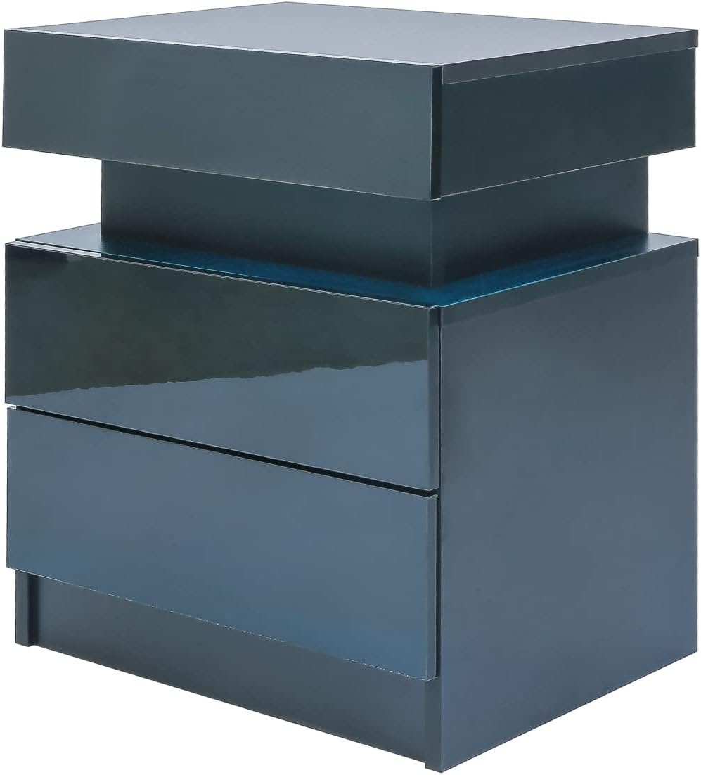 INMOZATA Bedside Table, Modern Adjustable LED Light Nightstand,Bedside Cabinet with Chest 2 Drawers Storage with High Gloss for Bedroom Living Room,Home(Black)