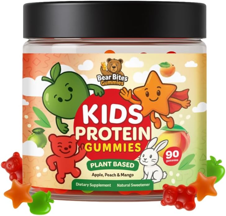 Bear Bites Gummies-Plant Based Kids Protein Gummy– Vegan, Sugar-Free, Gluten-Free, Vitamin C – Immunity Booster, Protein Snacks –Tasty Apple, Peach, Mango Flavors –90 Count –No Artificial Flavors
