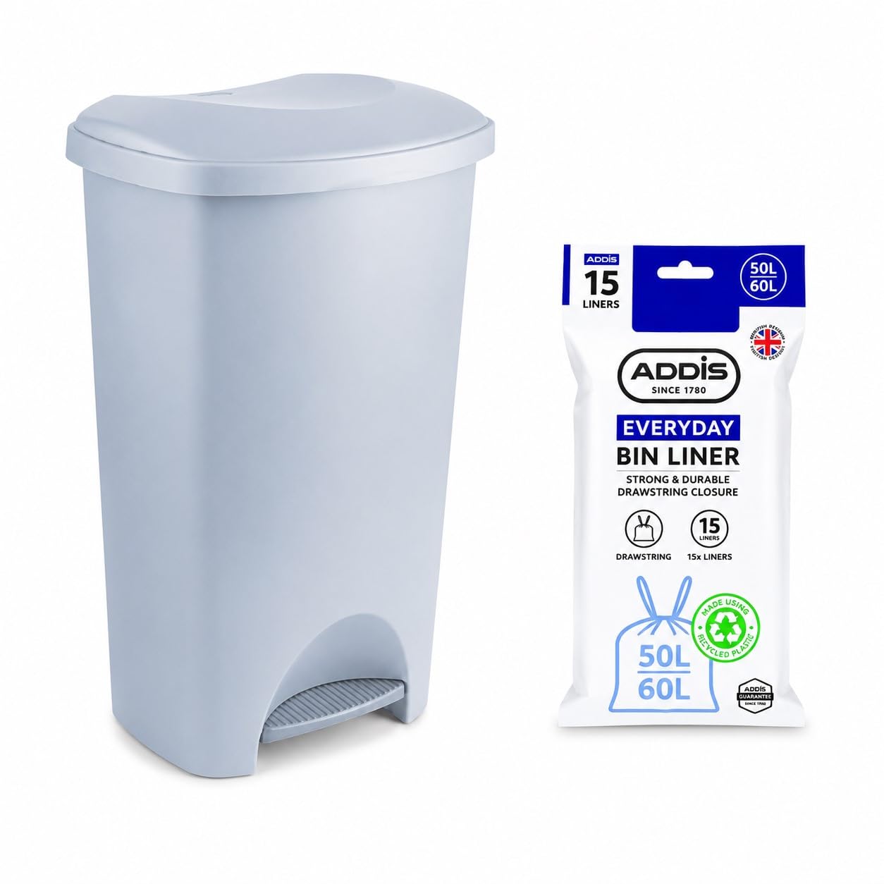 Addis 50L Recycled Light Grey Kitchen Pedal Bin with 15 Bin Liners