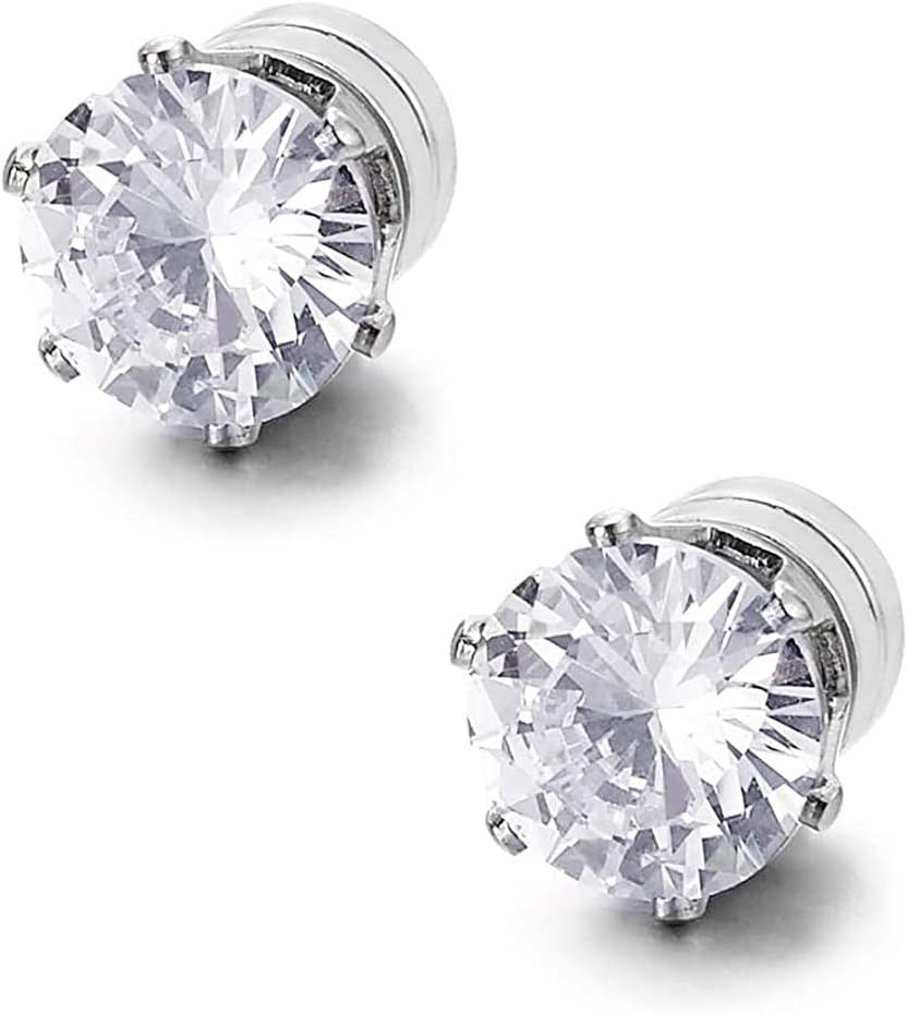 Magnetic Ear Stud Men Women Fake Round Silver Non Piercing Clip on Magnet 1 Pair