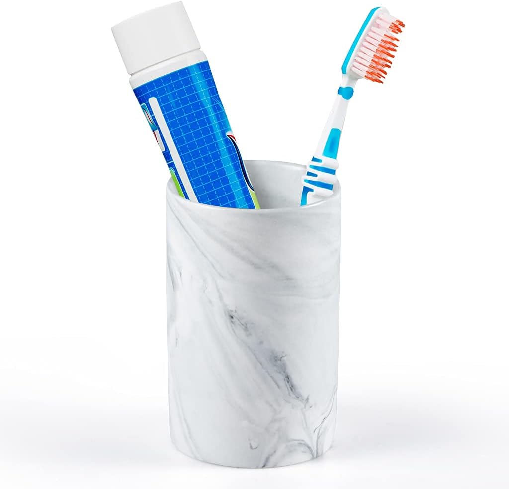 Bathroom Tumbler Cup, Ceramic Toothbrush Holder Stand for Mouthwash Rinsing, Toothpaste, Pen, Makeup Brush, Teaspoon Organizer, 10oz / 300ml (Marble Pattern)