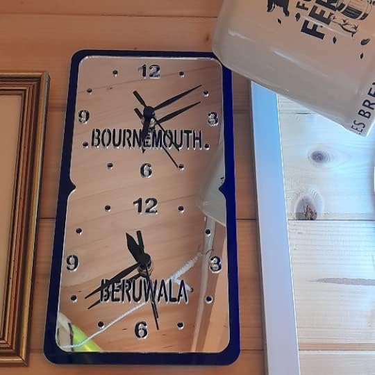 Bespoke Named Vertical Two Square Time Zone Clocks (Many Mirror & Gloss Colour Choices) 30cm x 15.5cm (Black Back/Silver Mirror Front)