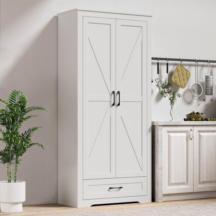 LYNSOM Farmhouse Kitchen Pantry Cabinet,Tall White Storage Cabinet with Barn Doors & Drawer & Adjustable Shelves, Pantry Cabinets for Kitchen Storage, White