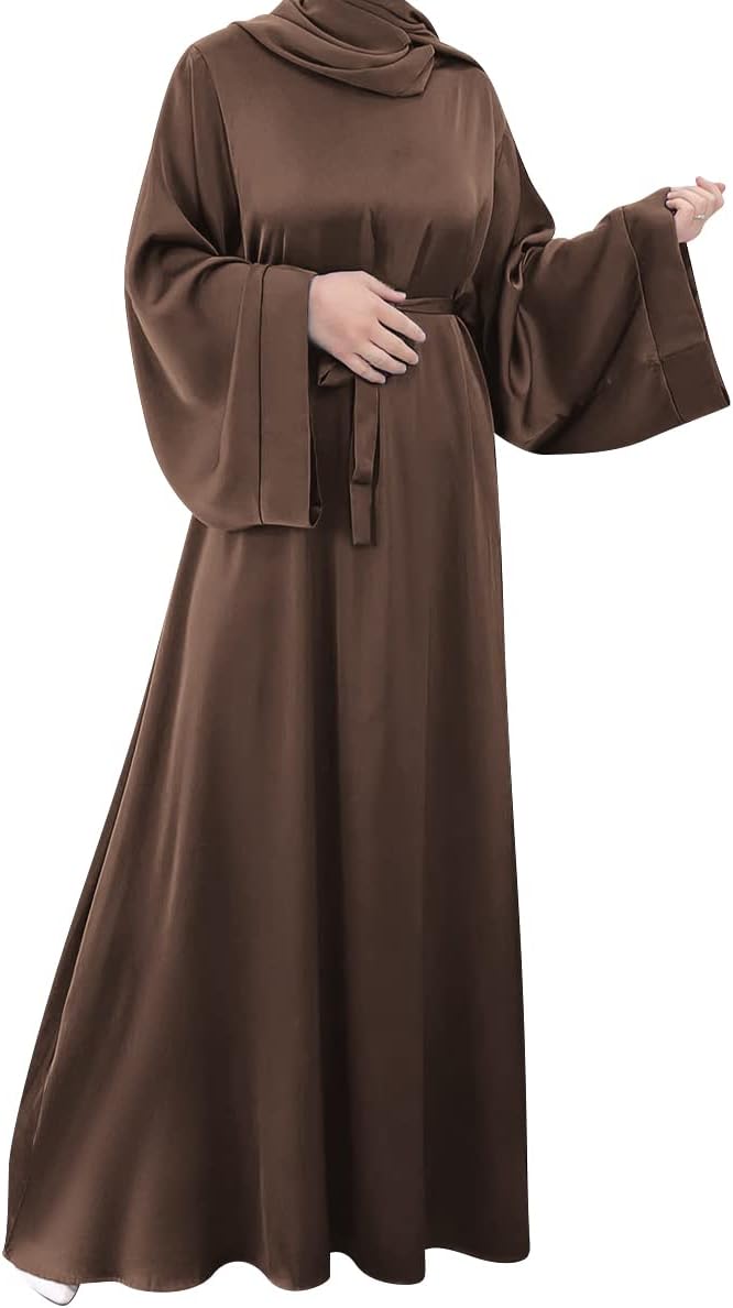 OBEEII Women's Muslim Robes Satin Loose Muslim Dress Turkey Islamic Middle East Dubai Max Kaftan Full Length Dress（No Hijab）