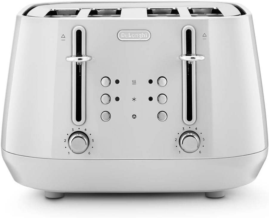 De'Longhi Eclettica BPA Free Metal Toaster CTY4003.W, 4 Slot Toaster with Reheat and Defrost Functions, Control Panels, Progressive Browning Levels, Pull Crumbs Trays, Stainless Steel, 1800W, White