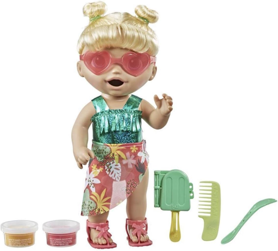 Baby Alive Sunshine Snacks Doll, Eats and Poops, Summer-Themed Waterplay Baby Doll, Ice Pop Mold, Toy for Kids Ages 3 and Up, Blonde Hair
