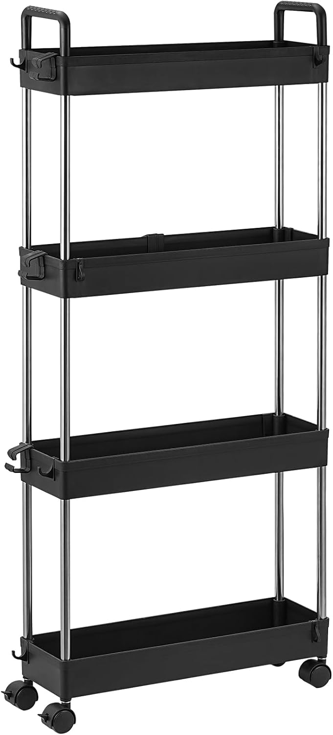 4-Tier Slim Storage Trolley Slide Out Rolling Utility Shelf Rack Storage Cart on Wheels Mobile Shelving Space Organizer for Kitchen/Bathroom/Laundry Room/Office,Plastic & Stainless Steel (Black S)