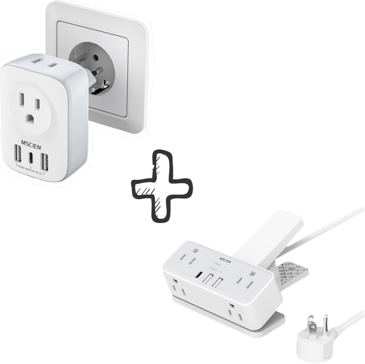 European Travel Plug Adapter and Desk Clamp Power Strip with 3 USB Ports, European Plug Adapter and Desk Power Strip, Travel Adapter with 3 USB Ports and Extension Cord for Bed