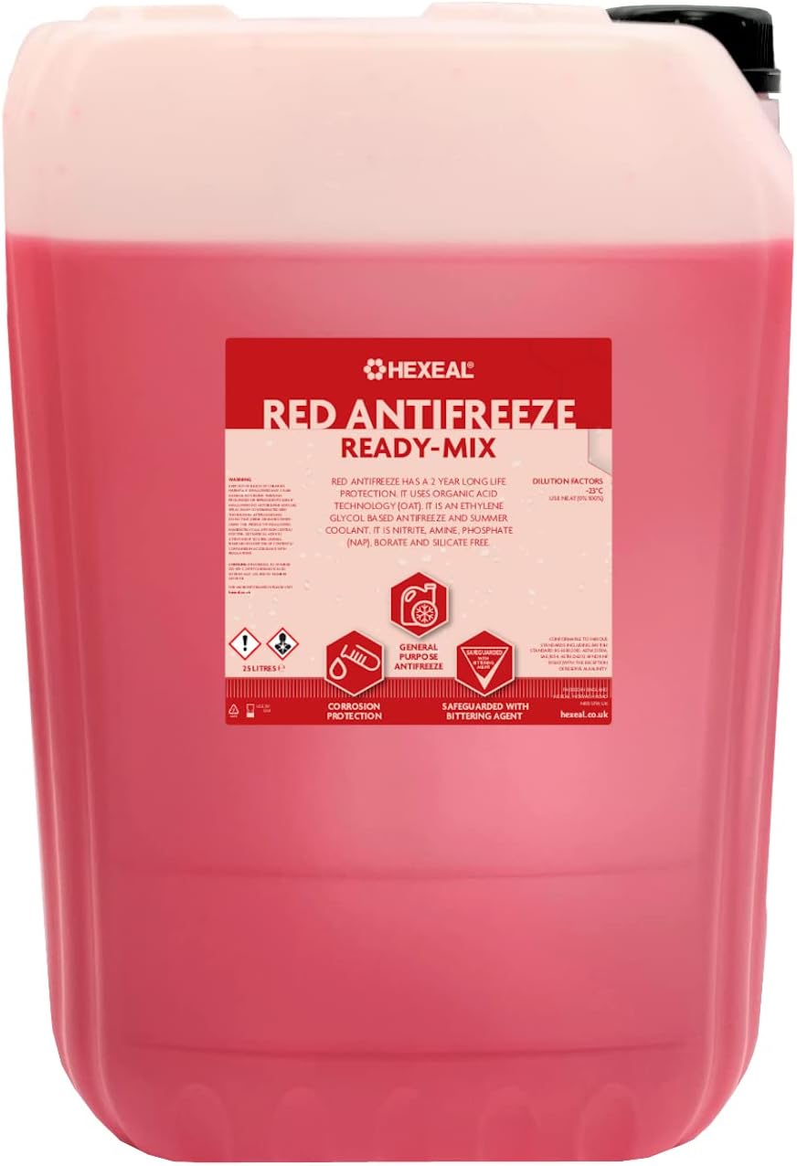 Hexeal Red Antifreeze 25L – 25L of Ready Mix Long Life Engine Coolant & Antifreeze for Cars & Vans – Summer & Winter – All Year Freeze Protection to -23 Degrees Celsius