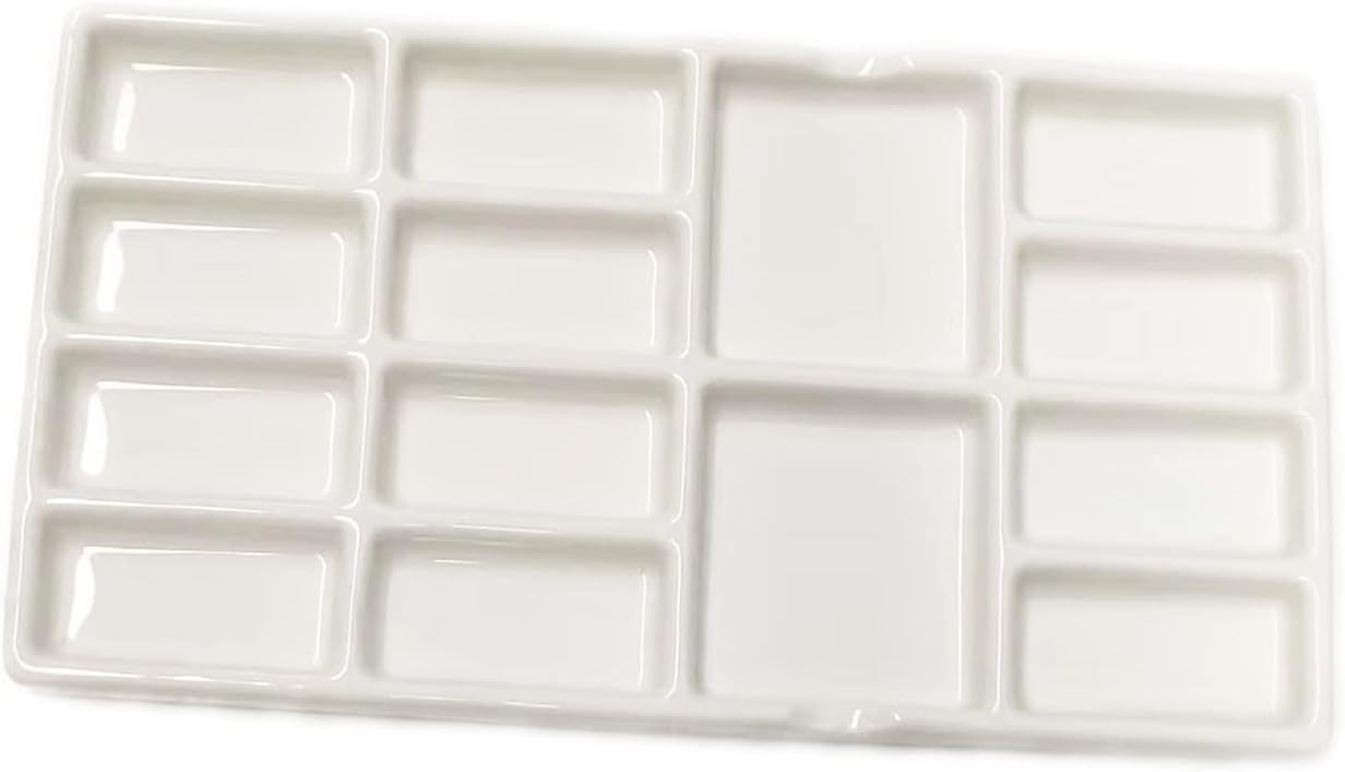 Gemerglity 14 Wells Ceramic Artist Paint Palette - 8 Inch Porcelain Watercolor Painting Palette Ceramic Mixing Tray for Painters