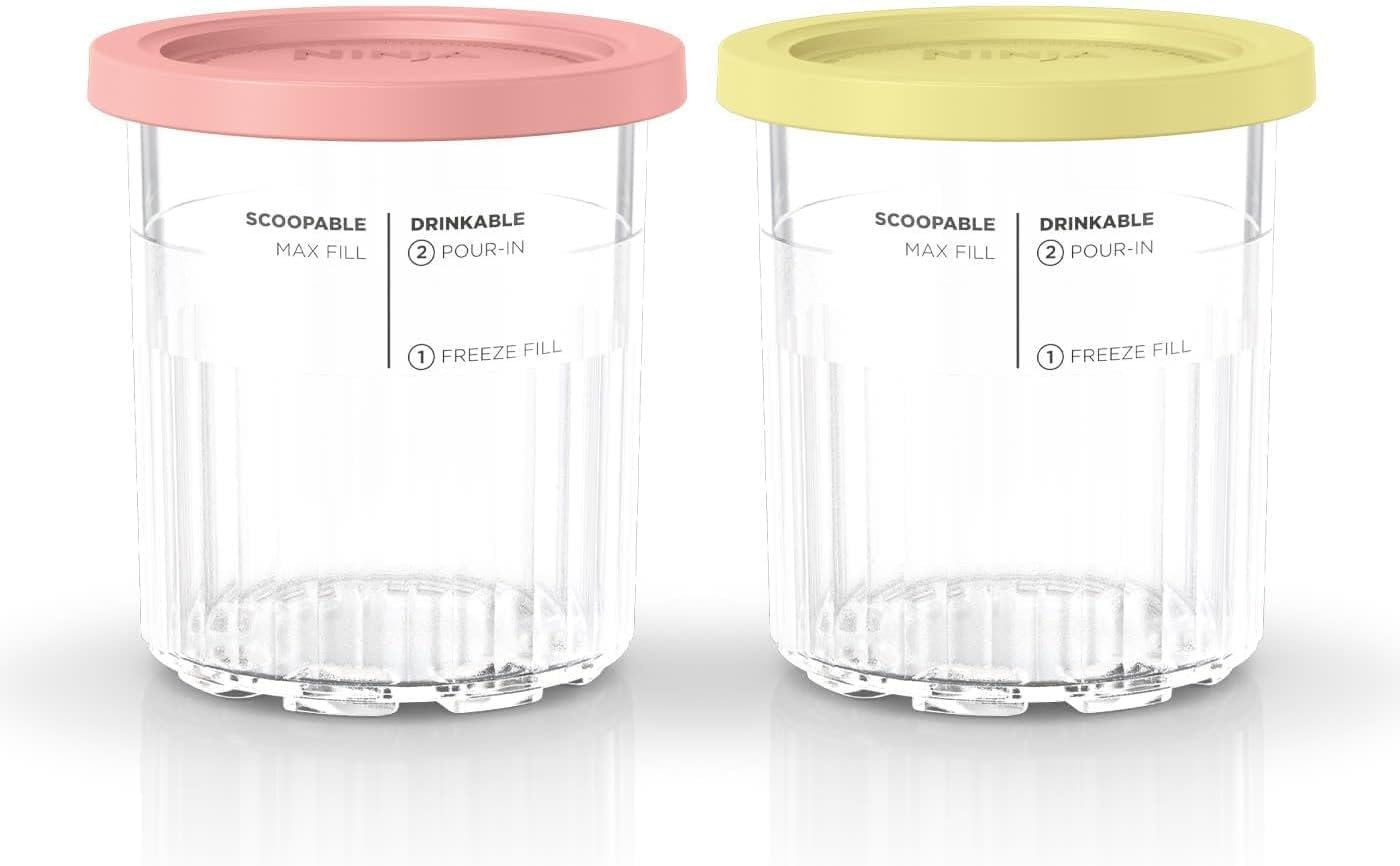Ninja Creami Deluxe Ice Cream Tubs, 2 Pack, Compatible with Creami Deluxe Ice Cream Maker, Genuine Ninja Accessory, BPA-Free, Dishwasher Safe, Colour Lids, 500ml Clear, Coral, Yellow, XSKPNTLD2EUUK