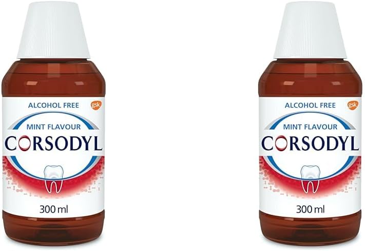 Corsodyl Gum Disease & Bleeding Gum Treatment, Antibacterial Mouthwash, Alcohol Free, Mint Flavour, 300 ml (Pack of 2)