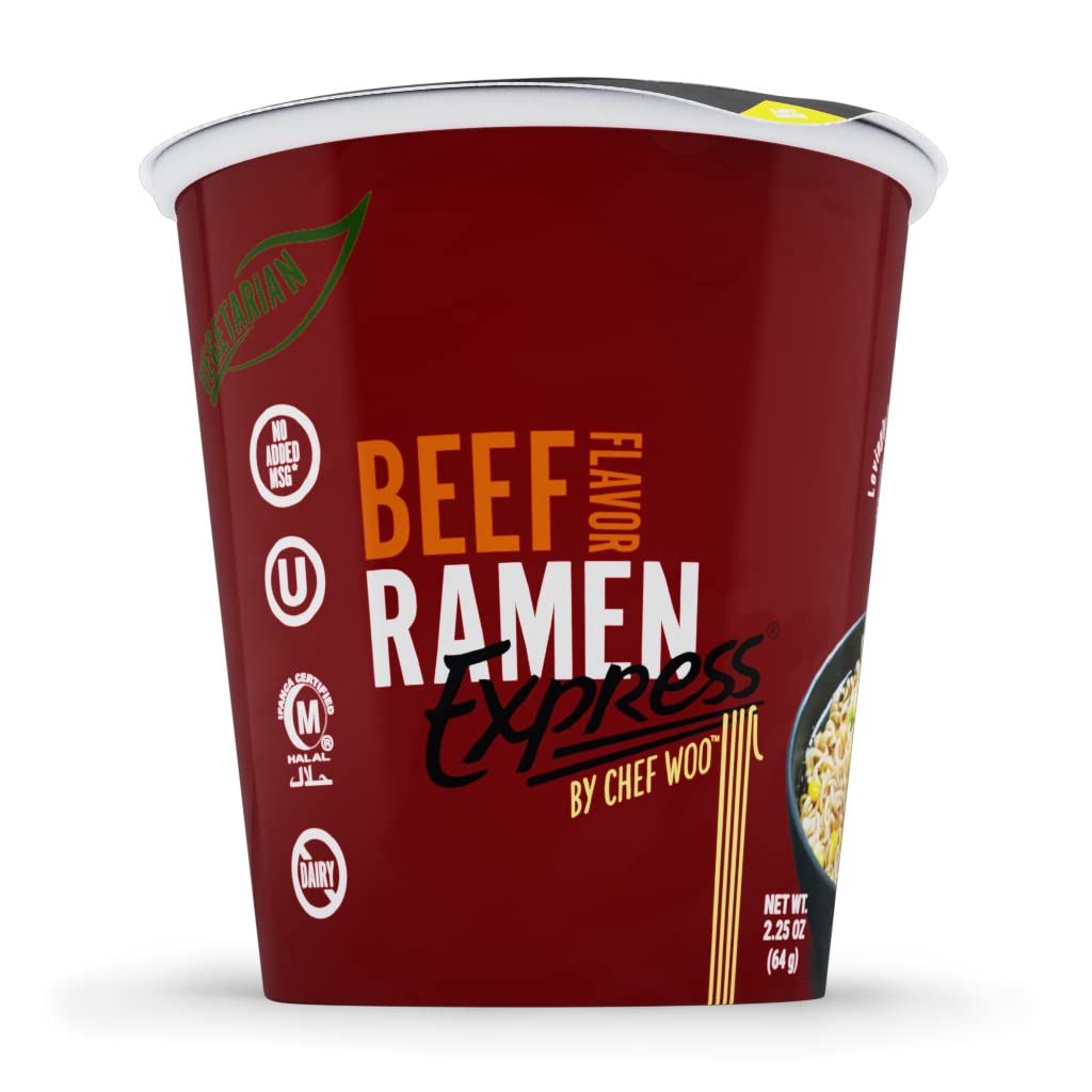 RAMEN EXPRESS Beef Flavor Ramen Cup Noodle, 2.25 Oz Each (Pack Of 6) by Chef Woo | Vegetarian |Halal | Egg-Free and Dairy-Free