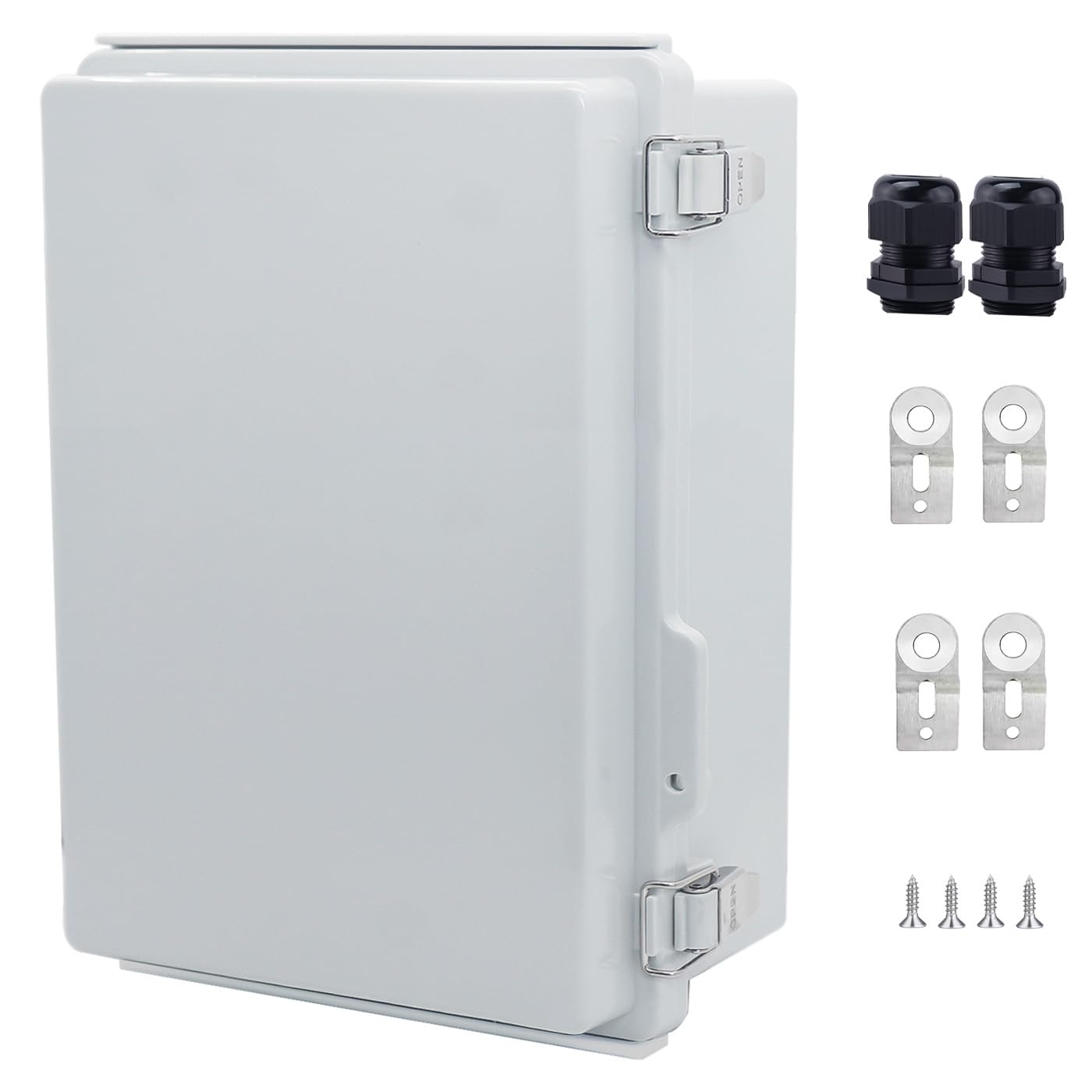 IP67 Waterproof Junction Box, ABS Plastic Electrical Enclosure with Stainless Steel Latch, Hinged Cover Electric Box with Mounting Plate, Wall Brackets & Cable Glands 280x190x140mm