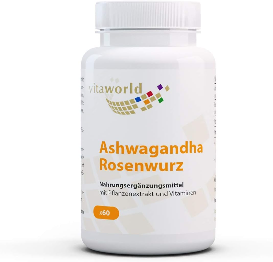 Pack of 3 Vita World Ashwagandha Rose Root Complex 3 x 60 Capsules Vegan/Vegetarian Made in Germany