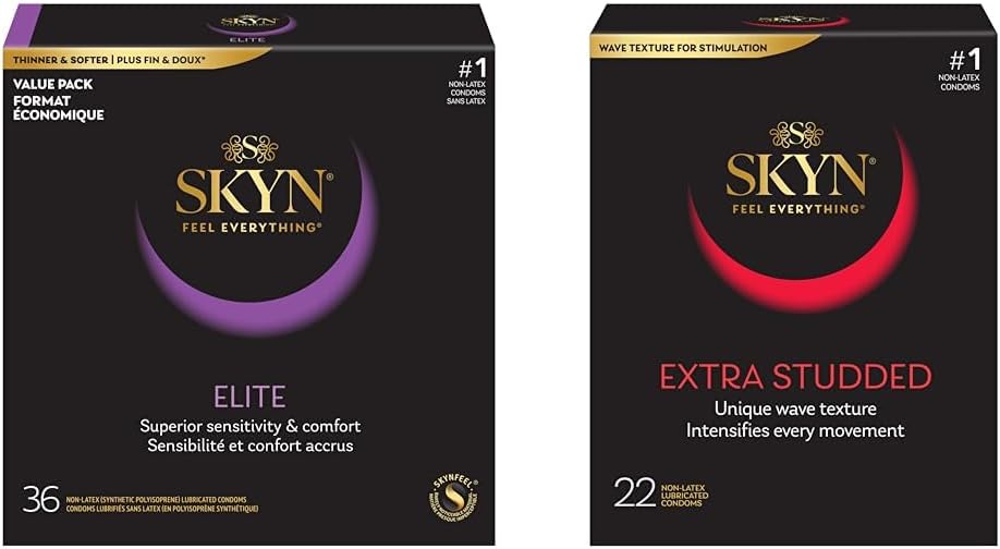 SKYN Elite – 36 Count – Ultra-Thin, Lubricated Latex-Free Condoms & Extra Studded Condoms Non-Latex Ultra Thin Natural Feel with SKYNFEEL Technology 22 Count Box