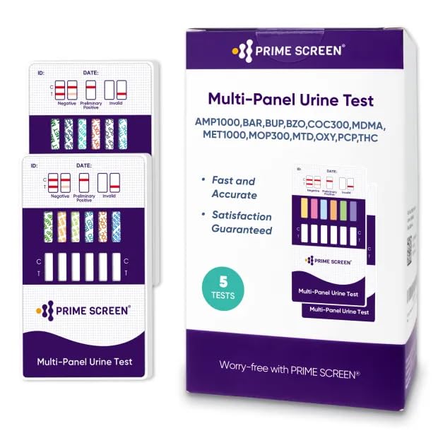 Prime Screen [5 Pack] 12 Panel Urine Drug Test Kit (AMP, BAR, BUP, Benzos BZO, COC, mAMP, MDMA, MOP, MTD, OXY, PCP, Marijuana THC) - WDOA-6125