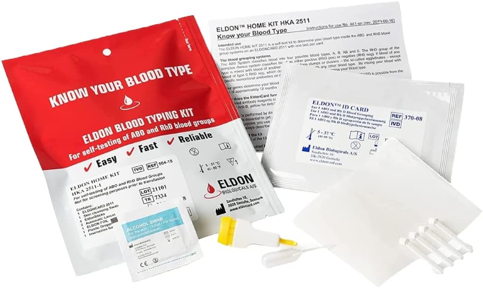 Eldoncard Blood Typing Kit, 2 Test Pack, Know Your Blood Type, Accurate Instant Home Testing, Determine A, O, B, RHS-D Negative & Positive Groups