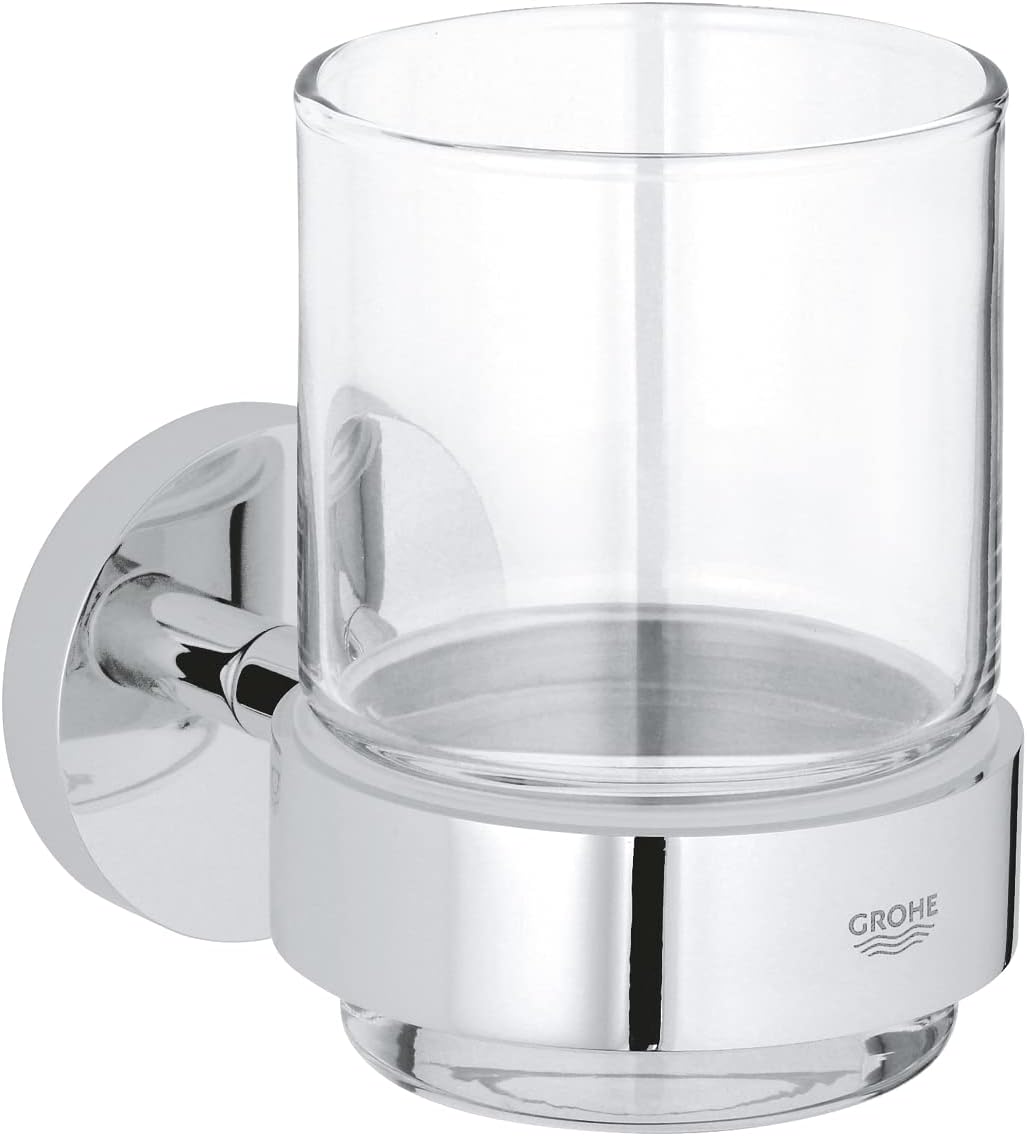 GROHE Start QuickFix Crystal Glass with Holder (Metal and Glass, Concealed Fastening, Including Screws and Dowels, Extra Easy to Fit with GROHE QuickGlue), Size 106 x 99 mm, Chrome, 41194000