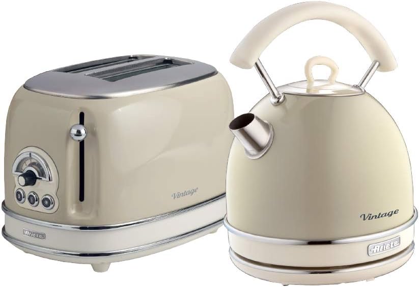 Ariete ARPK10 Retro Style Dome Kettle and 2 Slice Toaster Set, Vintage Design, Beige