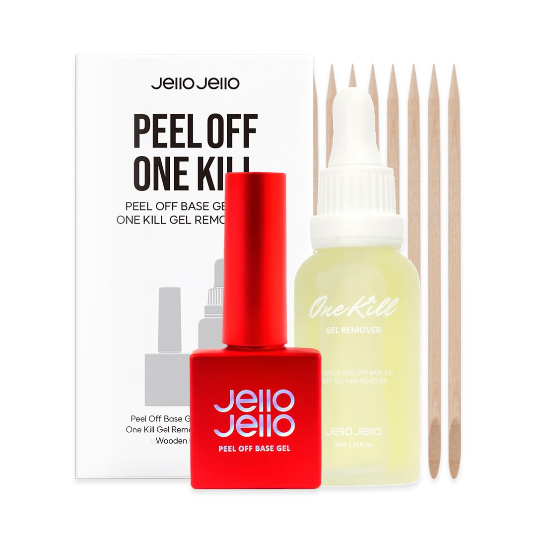 JelloJello Peel-Off Base coat Gel (10ml) + OneKillGelRemover (30ml) Set Peelable Nail Base, Easy Removal, Self Nail, UV/LED Cure