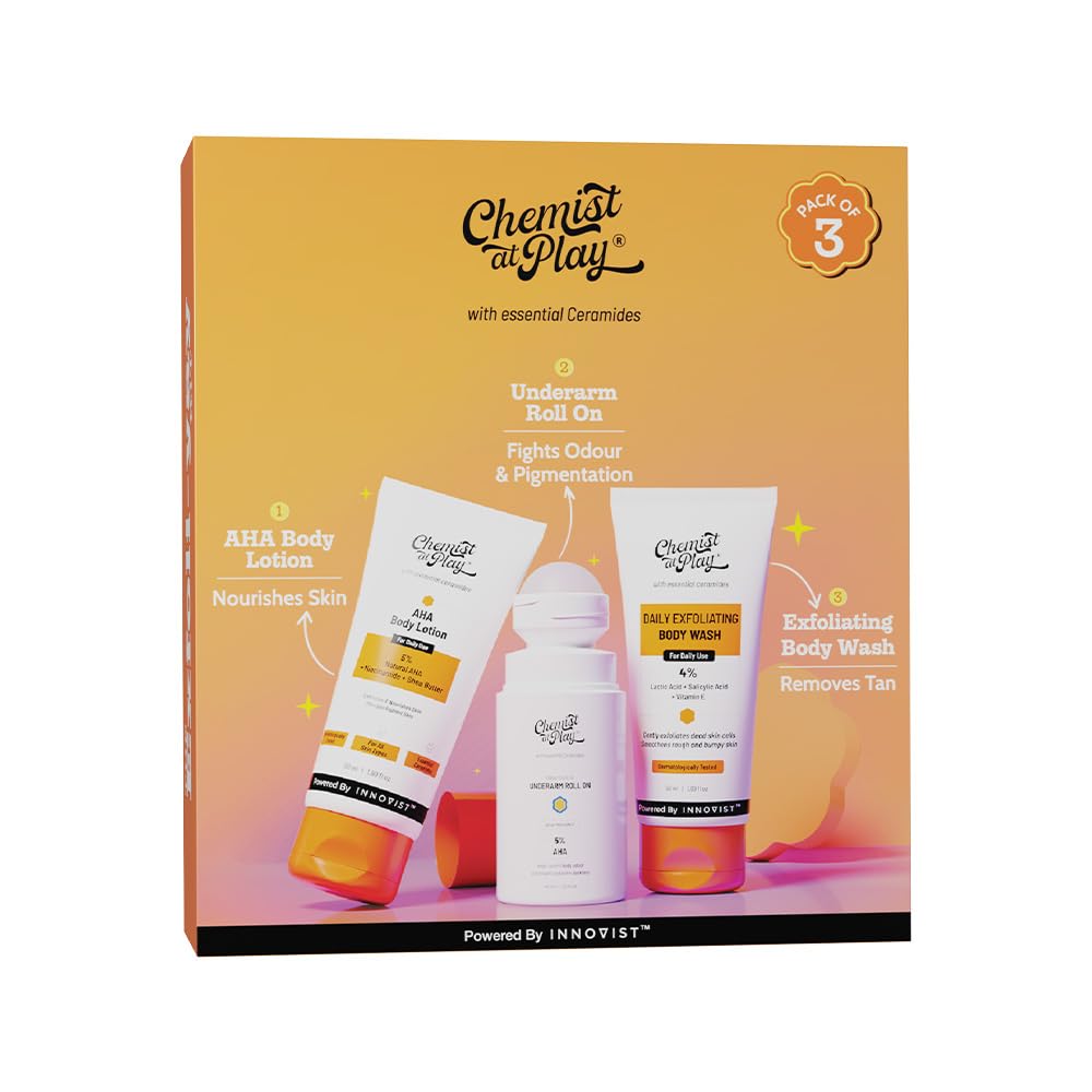 Chemist at Play Exfoliating Kit | Exfoliating Body Wash Removes Tan | Underarm Roll On Fights Odour | AHA Body Lotion Nourishes Skin