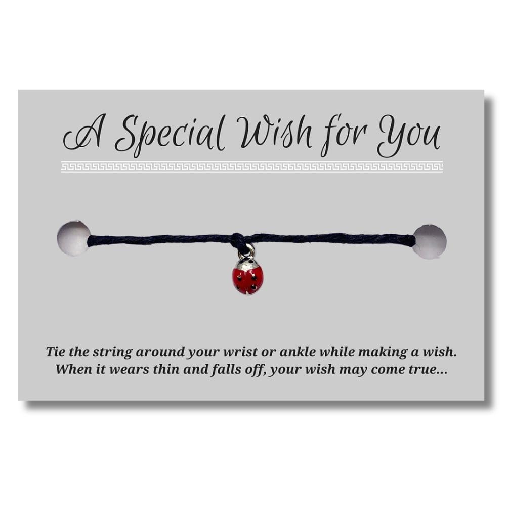 Tiny Ladybird Black Wish Bracelet, Hemp with Red Enamel Charm Bead on Printed Card, 12 inches long, Adjustable Unisex Design, Friendship Anklet, Gift Idea for Women