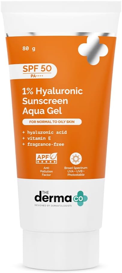 The Derma Co 1% Hyaluronic Sunscreen Aqua Gel SPF 50 – Lightweight Hydrating Facial Sunscreen with No White Cast – Broad Spectrum Sun Protection – Non-Greasy Formula – 80 g