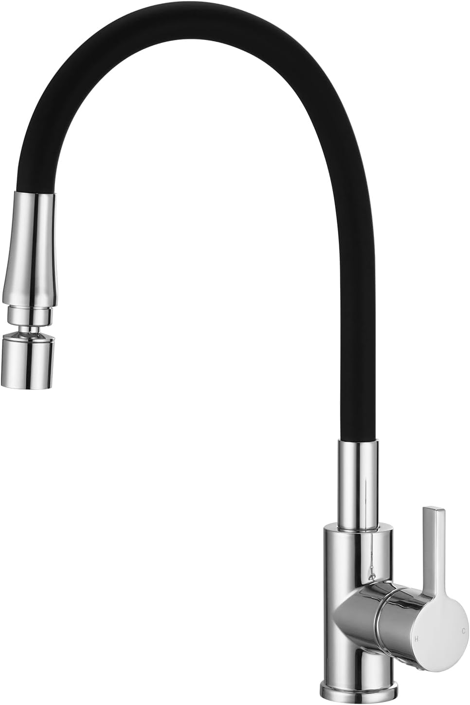 Peppermint Flexible Kitchen Sink Mixer Tap Single Lever Black and Chrome Kitchen Tap with Flexible Hose Bendable Sink Taps Flexi Silicone Hose with Dual Function Aerator 360° Swivel