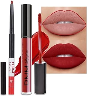 evpct 2Pcs Ruby Red Berry Matte Lip Liner and Lipstick Combo DNM Red Lip Gloss Stains Pencil Makeup Set Women Long Lasting 24 Hours Liquid Lipstick and Lip Liner Set labiales mate 24 horas originales