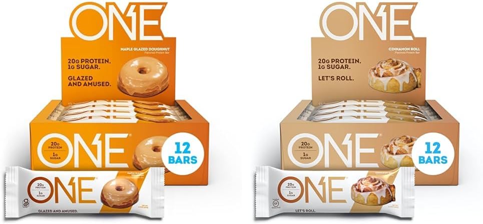 ONE Protein Bars, Maple Glazed Doughnut, Gluten-Free Protein Bar with 20g Protein and only 1g Sugar & Protein Bars, Cinnamon Roll, Gluten Free Protein Bars with 20g Protein