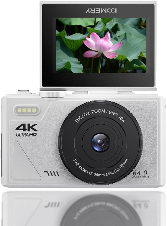 Digital Camera, Autofocus UHD 5K Vlogging Camera with 3 Inch Flip Screen, 75MP 18X Digital Zoom Anti Shake Video Camera, Compact Travel Camera for Kids Teens Adult (White)