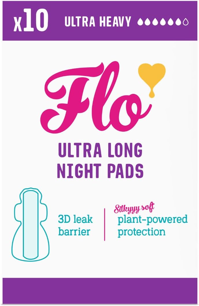 FLO Organic Ultra Long Night Pads (10 Count) – 30cm Long with 4 Wings, Super Absorbent, Hypoallergenic, Overnight Sanitary Napkins for Heavy Flow, Organic Cotton Pads for Women, Leak-Proof