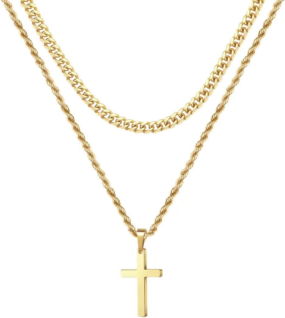 Ursteel Layered Cross Necklace for Men - 18K Gold Silver Black Cross Necklaces Chain for Men, Layered Rope Chain Necklace Mens Jewelry 16 18 20 22 24 Inch