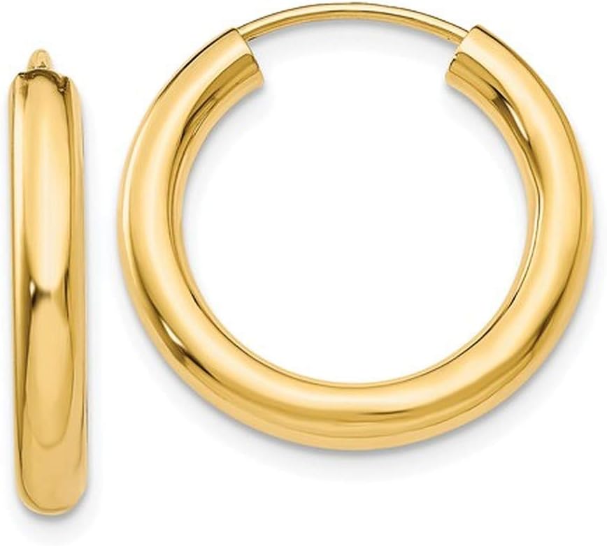 14K Yellow Gold Thick Real Endless Hoop Earrings, (3mm Tube)