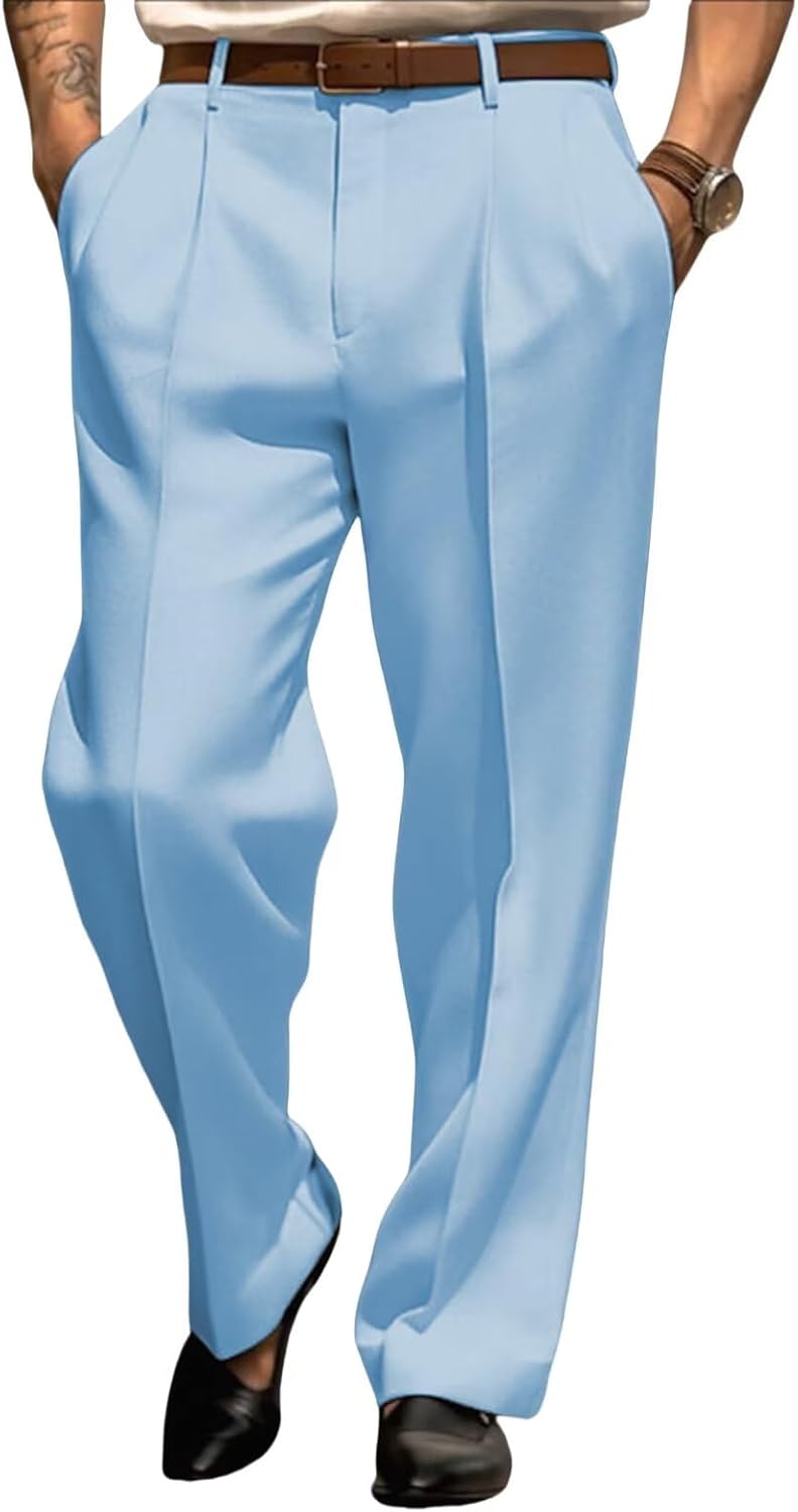 Men’s Dress Pants Straight Leg Pleat-Front Casual Suit Pants Plain Comfort Work Office Business Lounge Trouser Long